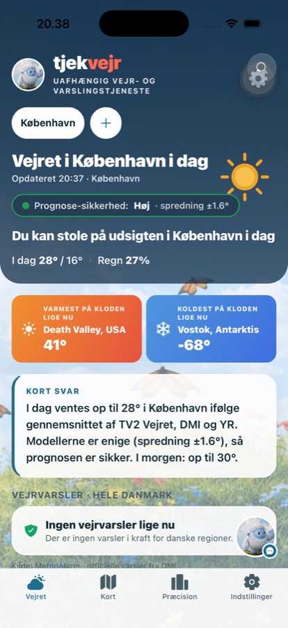 Forsiden i TjekVejr-appen med dagens udsigt for København