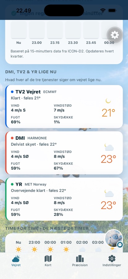 Regnradar 90 minutter frem, kvarter for kvarter